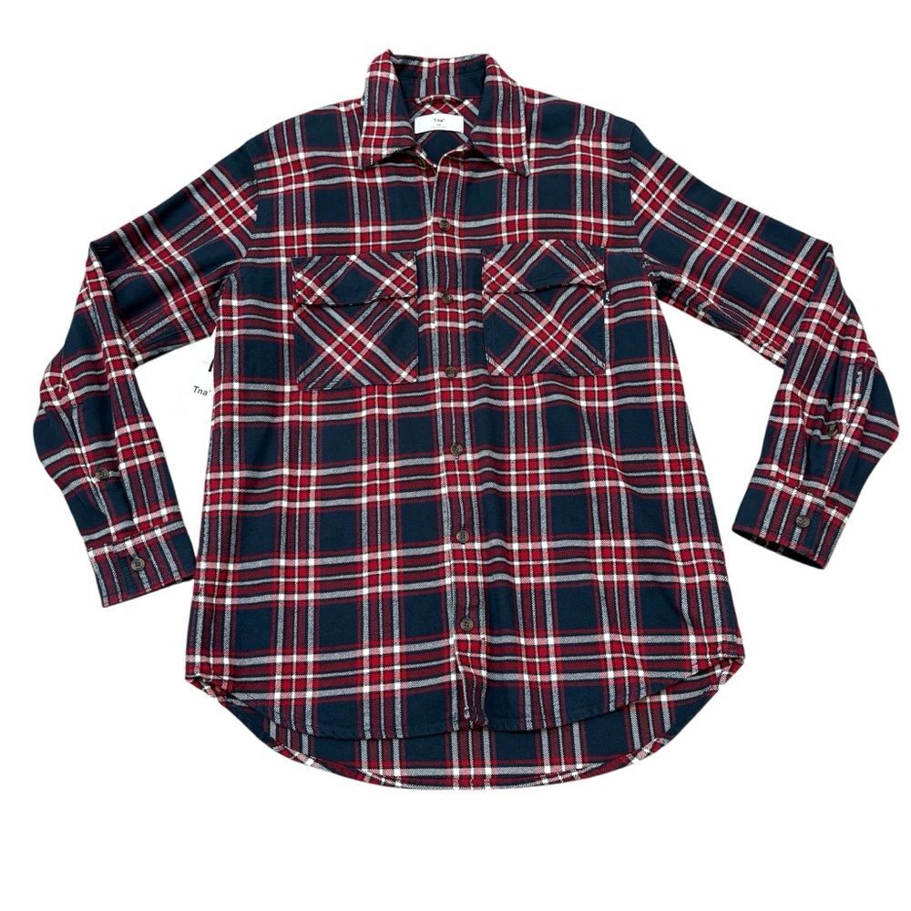 NWT Tna Aritzia Taylor Plaid Oversized Flannel Total Eclipse Deep Red Size XS - Picture 4 of 12